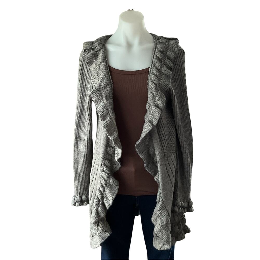Gray Ribbed Ruffle Cardigan Sweater: Y2K, Modern - Picture 2 of 9